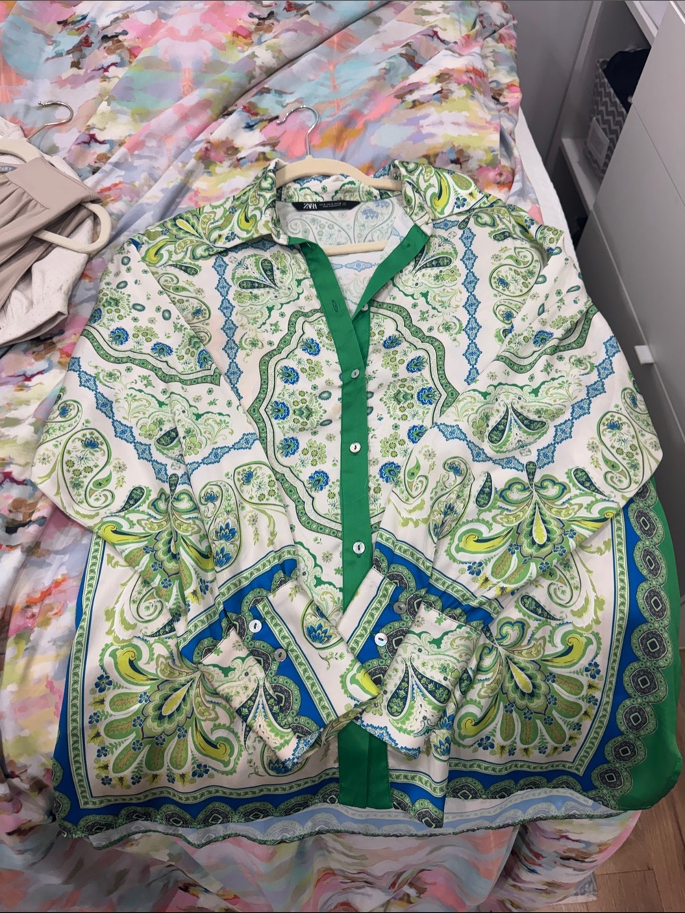 Zara Green and Cream Paisley Button-Down Shirt